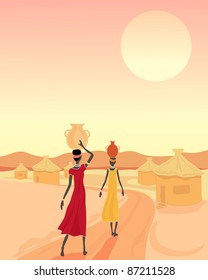 An Illustration Of Two African Women Carrying Water To A Small Village On A Dusty Trail Under A Sunset Sky