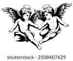 Illustration of two angel children holding hands. Hand drawn black and white angels with wings. Cupid. Religious drawing with children. Valentine