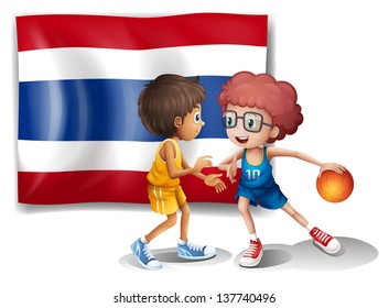 Illustration of the two boys playing basketball in front of the Thailand flag on a white background - Powered by Shutterstock