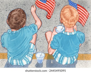 Illustration of two brothers waving American flags at a parade - Powered by Shutterstock