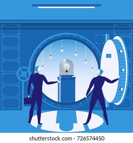 Illustration Of Two Businessmen Opening Bank Vault Door. Electric Light Bulbs In Safe.