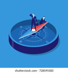 Illustration of two businessmen using compass for navigation and orientation in business. Strategy concept flat style design.