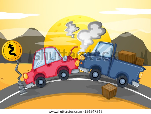 Illustration of the two cars bumping in the middle\
of the road
