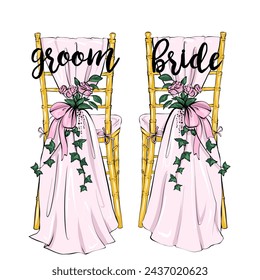 Illustration of two chairs with inscriptions bride and groom isolated on white background, decorated with pink fabric and flowers.  - Powered by Shutterstock