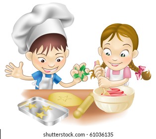 An illustration of two children having fun in the kitchen - Powered by Shutterstock