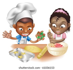 An illustration of two children having fun in the kitchen - Powered by Shutterstock