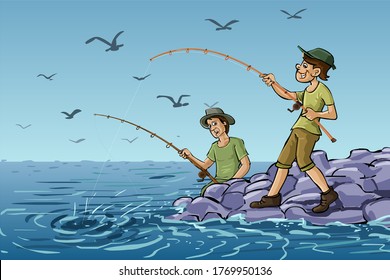 Illustration Of Two Guys Fishing, Sea With Blue Sky, Flying Birds