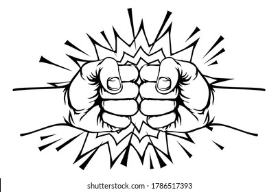 An illustration of two hands in fists punching each other or fist bumping. This is a raster version of a vector illustration