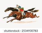 Illustration of two jockeys racing on horses. The jockeys are wearing colorful uniforms illustration. The horses are depicted in gallop, showcasing speed and competition. Vintage horse illustration.