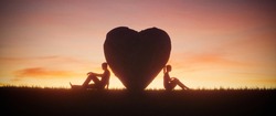 Illustration Of Two People In Love On A Beautiful Sunset Sky Background. Love Concept, 3d Render 