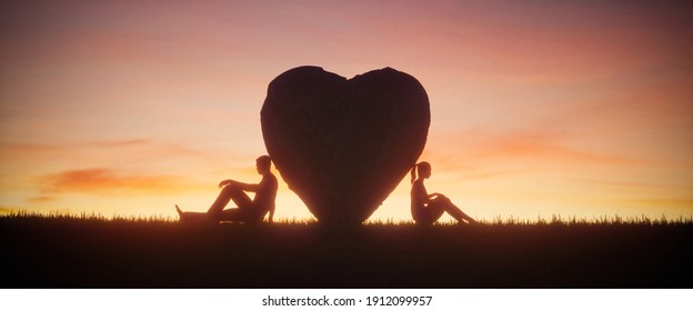 Illustration of two people in love on a beautiful sunset sky background. Love concept, 3d render 