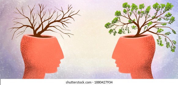 illustration of two profiles of people with trees growing from their heads. Clueless and smart, knowledgeable and stupid, good and evil, positive and negative.