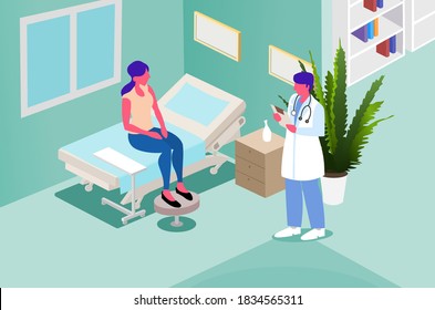 An illustration of two purple-haired people in a doctor's office. A doctor checks a patient in a light green room. The patient sits on a hospital bed. A fern, bookshelf, and window in the room.