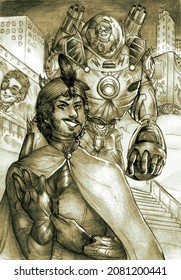 Illustration Of Two Supervillains In A Town. One Of Them Is Dressed With Cape And Turban, The Other Is In A Giant Robotic Armor.