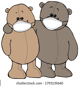 Illustration Of Two Teddy Bear Friends Wearing Face Masks.