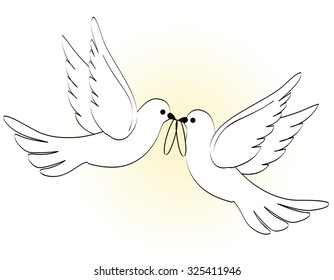 Illustration of two white pigeons / doves carrying two wedding rings on light yellow backgound  - Powered by Shutterstock