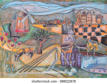 Illustration Of Typical Holland Landscape By Oil Pastel, Ink, Acrylic Pen