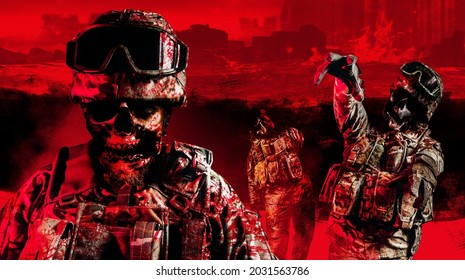 Illustration of undead zombie soldiers squad in uniform and armored clothing walking and reaching arms on red grungy battlefield background.