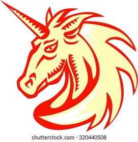 Illustration Of A Unicorn Horse Head Viewed From The Side On Isolated White Background Done In Retro Woocut Style.