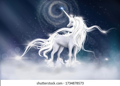  Illustration of  Unicorn with sky galaxy fantasy background in blue colour. Digital CG painting of Fantasy Horse with lightning strike,  Bed time story fairy tale concept