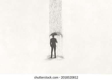 Illustration Of Unlucky Sad Business Man Under Rain, Surreal Concept