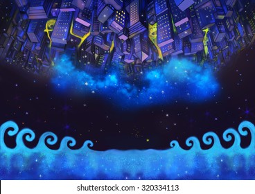 Illustration: The Upside Down City Buildings in the Starry Night and Flying Fish  A Good Wish Card appropriate for any event  Fantastic Cartoon Style Wallpaper Background Scene Design 
