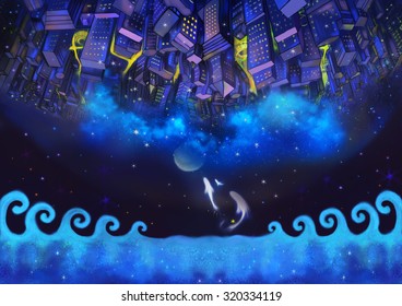Illustration: The Upside Down City Buildings in the Starry Night and Flying Fish  A Good Wish Card appropriate for any event  Fantastic Cartoon Style Wallpaper Background Scene Design 