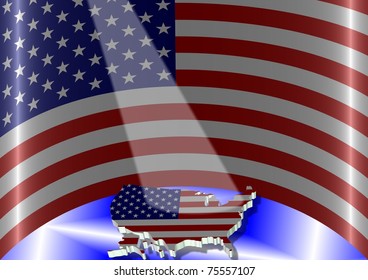 An Illustration Of USA Flag In A Semi Circle Position And In Front Of It Is An Outline Shape Of The Country / USA Flag