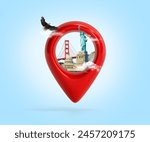 Illustration USA Travel Concept with Liberty Statue, Famous Landmark, and Map Location Pin. 3D Isolated