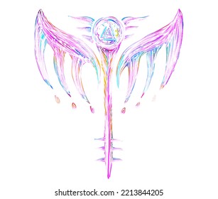 Illustration Valkyrie symbol and winged sword  Odins Valknut triangles  Norse mythology  isolated  white background