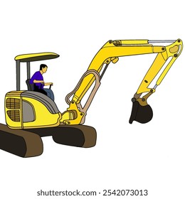 Illustration, vector, cartoon Operator operating an excavator with a joystick and pedals to move the arm, basket and stick. An excavator is a heavy equipment that works using a hydraulic system