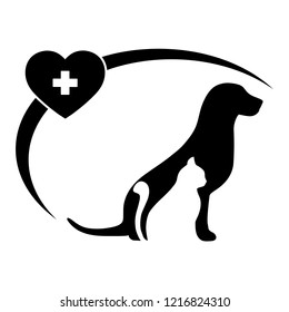 illustration Veterinary Clinic logo with the image of a cat and dog with a heart and a medical cross