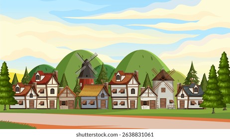 illustration of village building background in forest plain and twilight sky