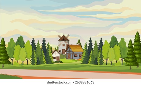 illustration of village building background in forest plain and twilight sky