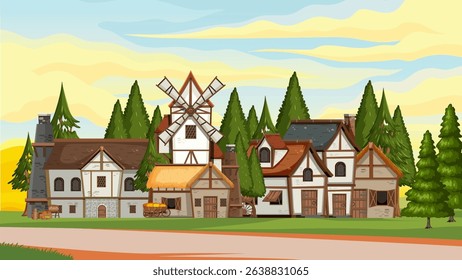 illustration of village building background in forest plain and twilight sky