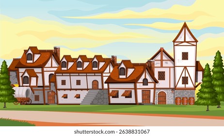 illustration of village building background in forest plain and twilight sky