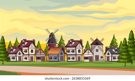 illustration of village building background in forest plain and twilight sky
