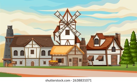 illustration of village building background in forest plain and twilight sky