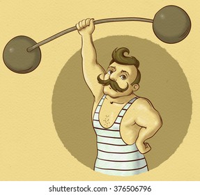 Illustration Of Vintage Circus Strongman Holding Barbell