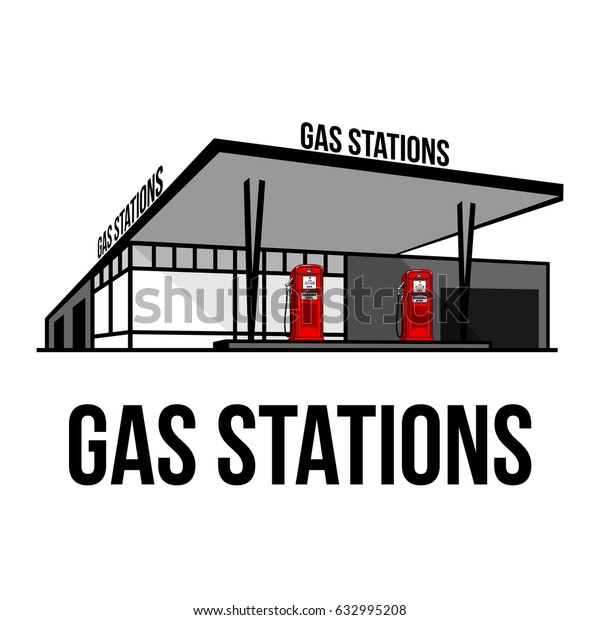 Illustration of vintage gas\
stations. Retro gas stations. Oil, fueling petrol with shop.\
Advertisements, brochures, business templates. Isolated on a white\
background