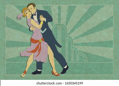 Illustration Of Vintage Look Art Deco Couple Dancing. Roaring Twenties, Thirties Dance Party. Girl Is In A Purple And Red Flapper Dress And The Man Is Wearing A Tuxedo. Apple Green Graphic Background.