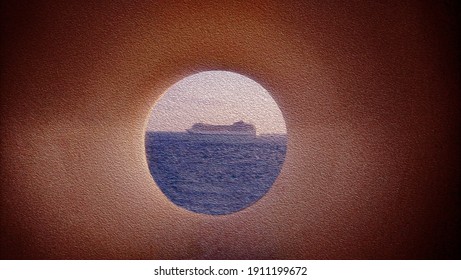 Illustration of a vintage ship in the porthole, a boat in the sea picture colorful. Watercolor picture with a ship.