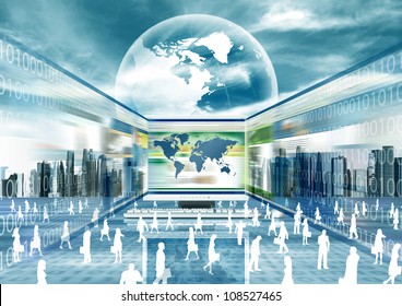 Illustration of virtual businessman doing business in virtual world - Powered by Shutterstock