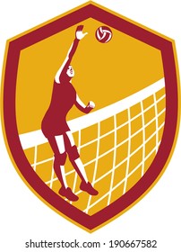Illustration of a volleyball player spiker spike spiking hitting ball with net set inside crest shield done in retro style on isolated background.