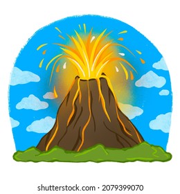 Illustration Of A Vulcan Eruption With Blue Sky And Chalk Texture