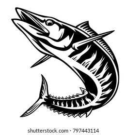 Illustration of a wahoo , Acanthocybium solandri, a scombrid fish jumping up viewed from the side set on isolated white background done in retro style.
