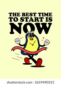 An illustration of a wall clock with its hands pointing at the finish line, wearing a joyful expression and red shoes, symbolizing the importance of starting now