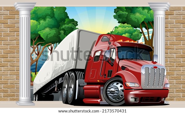Illustration, a wall with columns,\
and a moving truck with a trailer. 3d photo wallpapers. 3d\
image.