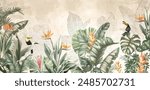 Illustration of wallpaper design with tropic leaves, flowers and birds on textured background. Artwork with plants and toucans. Botanical design. 