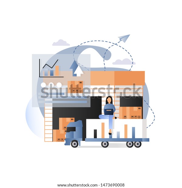 illustration of warehouse, female sitting on delivery\
truck with bar diagram, parcels, statistics bar graphs and charts,\
paper plane. Worldwide delivery concept for web banner, website\
page etc
